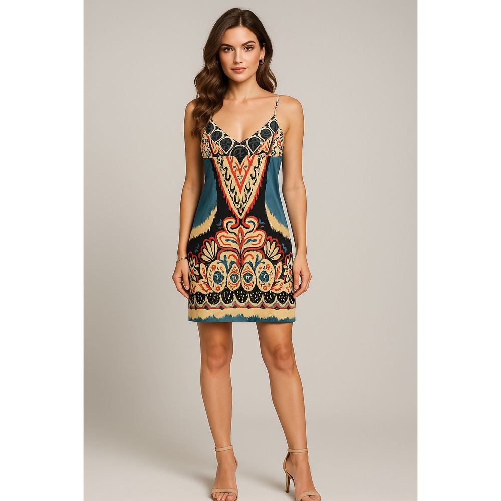 Y2K Rampage Dress Womens M‎ Blue Tank Floral Tribal Boho Chic Mini Parisian